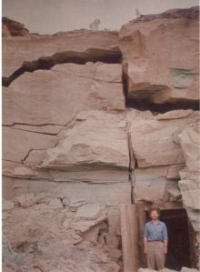 1955, August Theodore in front of main Four Aces mine tunnel in the Shinarump formation